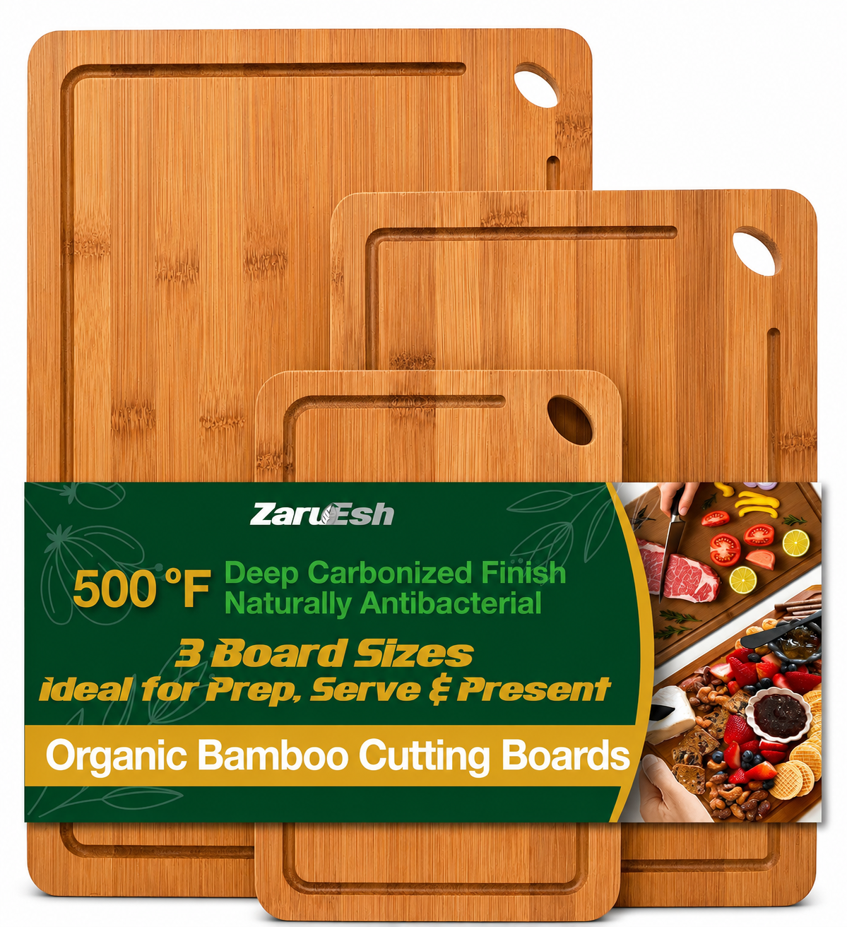 Bamboo Set Bamboo Cutting Board Set of 3 | Durable Kitchen Chopping Boards | ZaruEsh - Image 1